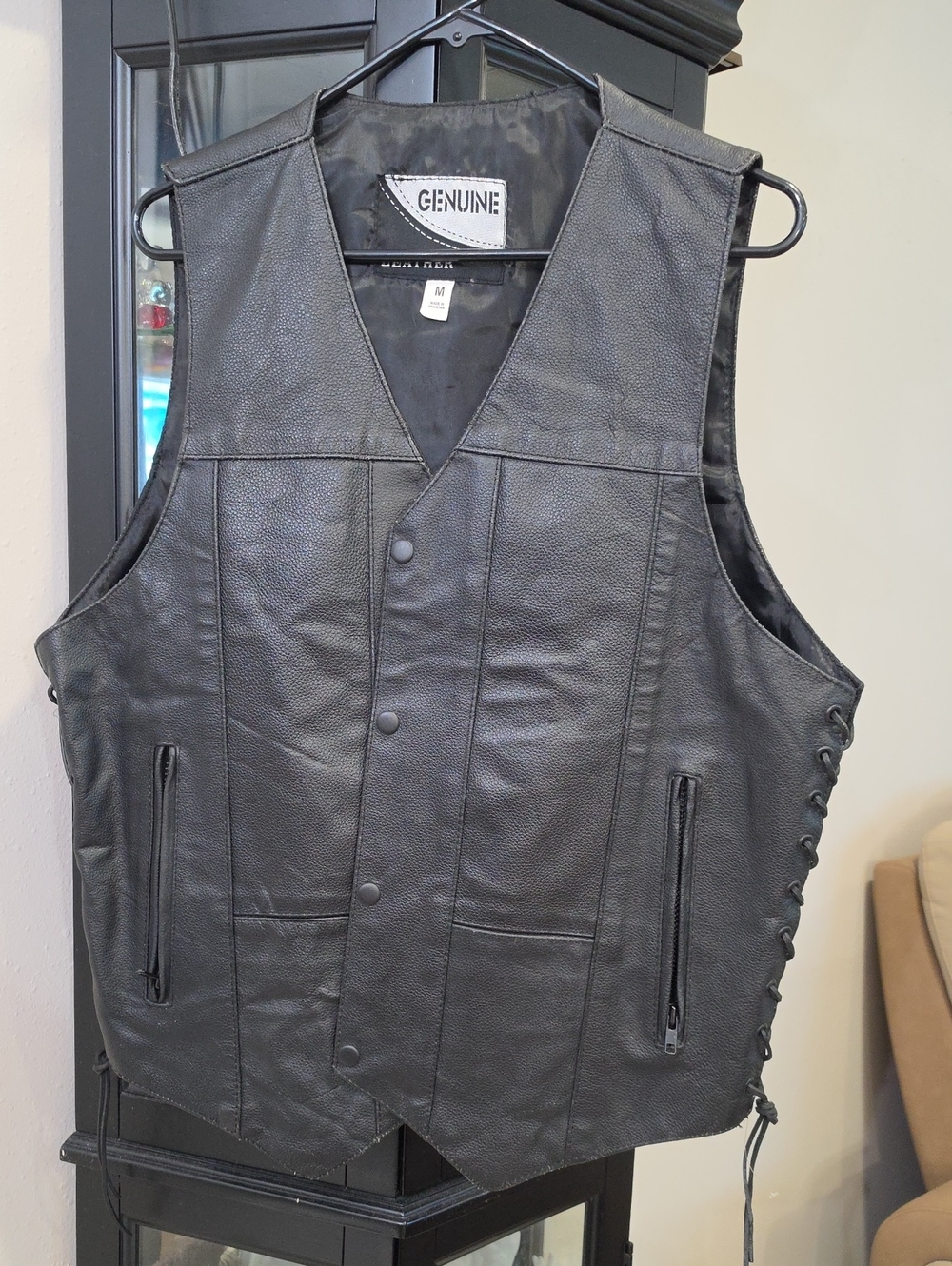 Genuine Black Leather Vest for Men - Classic Snap Front